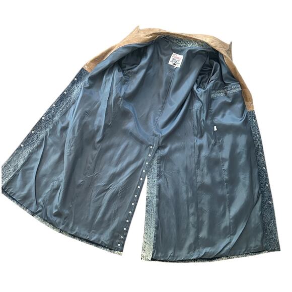 VTG Western Heavy Weight Acid Washed Denim Trench w/ Leather Fringe USA Made XL - Picture 14 of 16